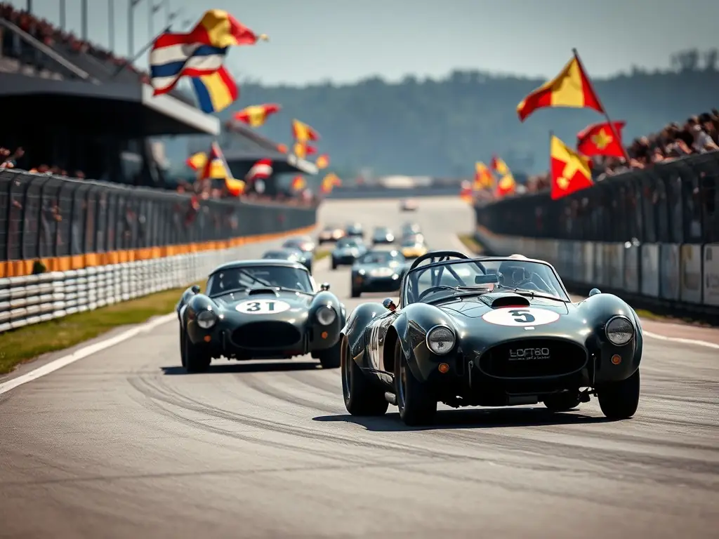 A photograph showcasing a classic car race organized by Retro Spirit Road, with vintage cars speeding around the track and enthusiastic spectators cheering from the sidelines, capturing the excitement of motorsport events.