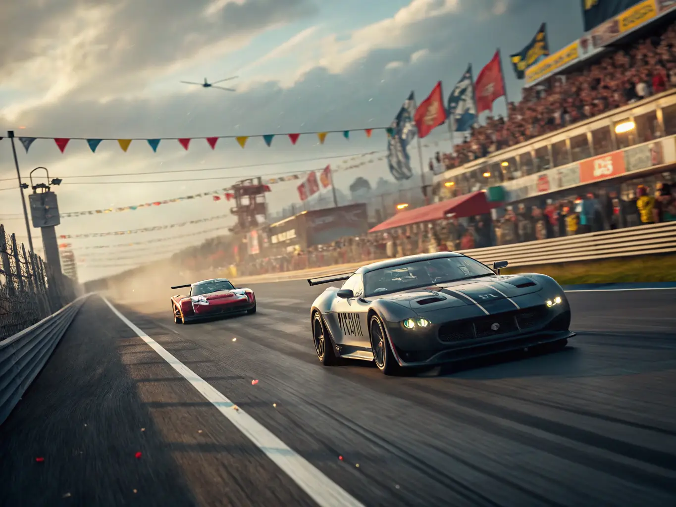 A vibrant image capturing the excitement of a RETRO SPIRIT ROAD amateur race, featuring classic cars speeding around a track with enthusiastic spectators cheering them on.