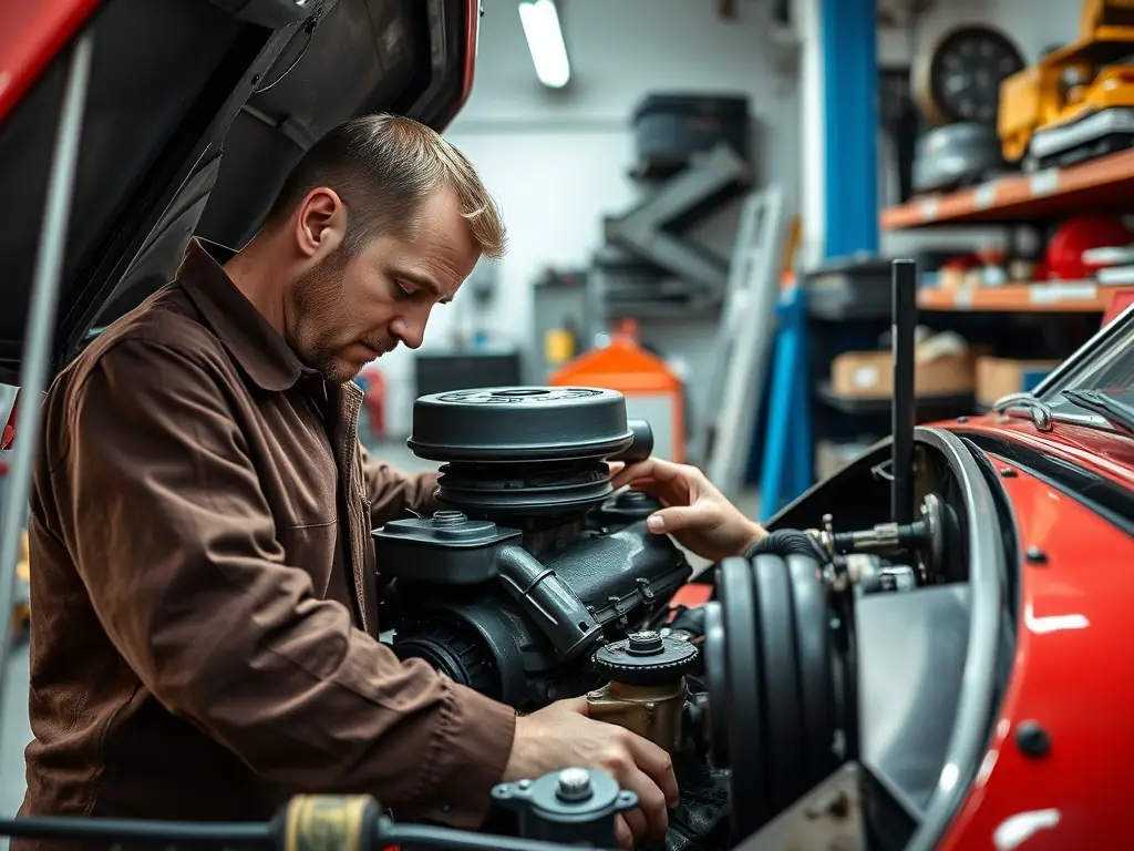 A photograph capturing a group of members collaborating on a vintage car restoration project in a well-equipped garage, showcasing the hands-on learning and skill-sharing aspect of Retro Spirit Road.