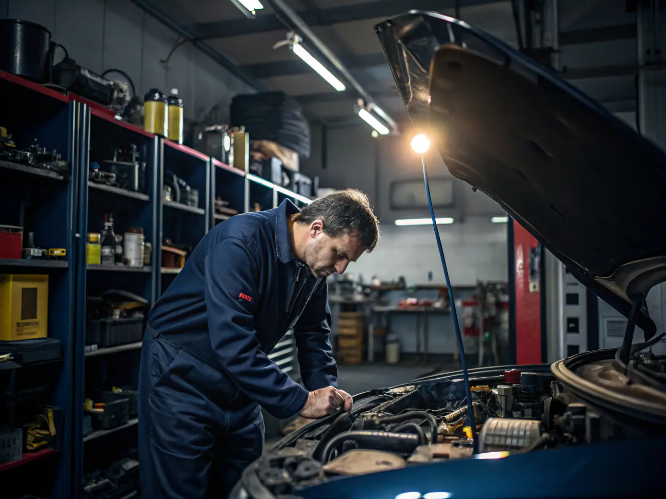 An instructor demonstrating mechanical skills to a group of RETRO SPIRIT ROAD members, emphasizing the educational aspect and knowledge transfer.