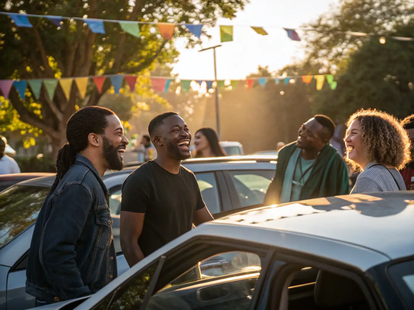 A photograph of a diverse group of people enjoying a classic car rally organized by Retro Spirit Road, highlighting the community engagement and social interaction fostered by the association.