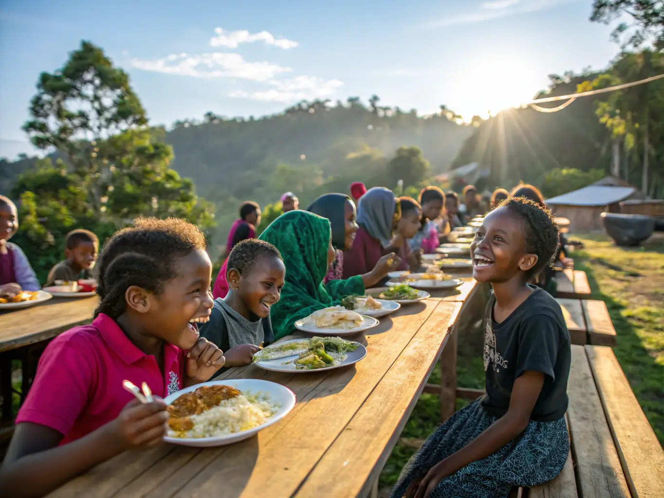 A heartwarming image of a RETRO SPIRIT ROAD community gathering, featuring families and motorsport enthusiasts enjoying food, music, and camaraderie in a festive setting.